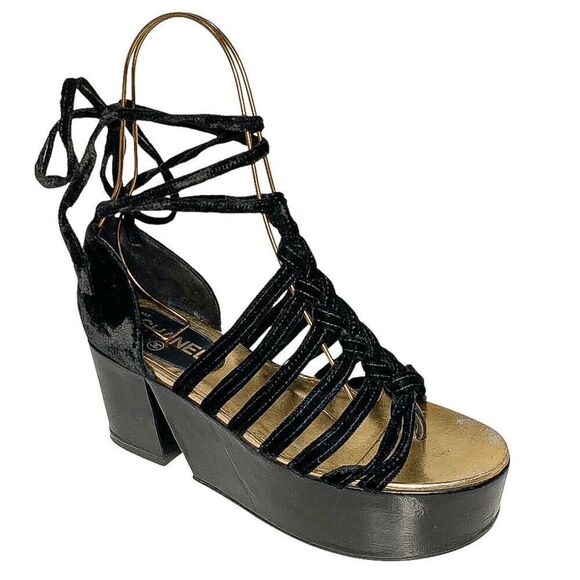 Chanel Interlocking CC Logo Wood Platform Velvet Gladiator Sandal EU 39 US 8-8.5 - Picture 1 of 11